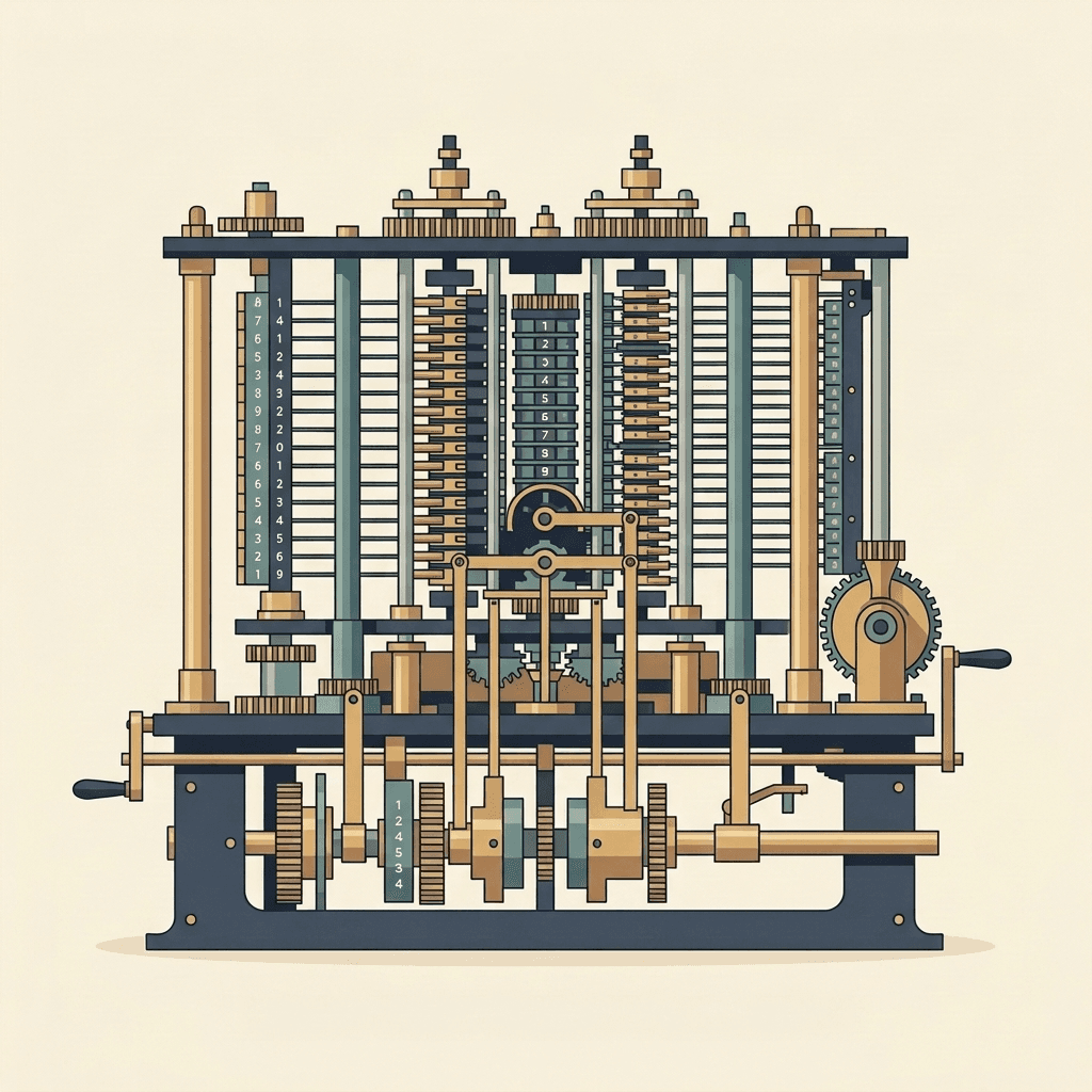 Illustration einer großen viktorianischen Rechenmaschine aus Messingzahnrädern.