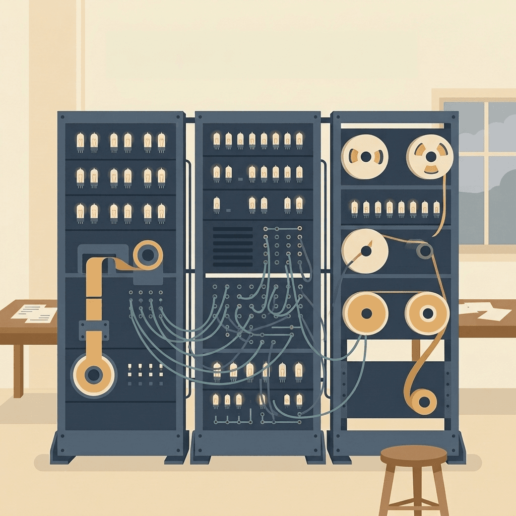 Illustration eines elektronischen Codeknack-Rechners der 1940er mit Röhren und Lochstreifen.