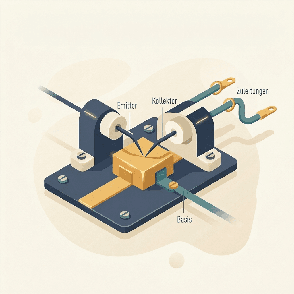 Illustration eines frühen Transistors als winziges Bauteil mit Metallkontakten in Nahaufnahme.