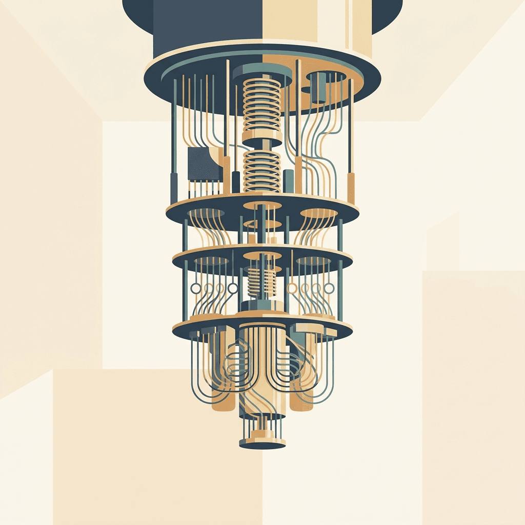 Illustration eines zylindrischen goldenen Quantencomputers in einem weißen Labor.