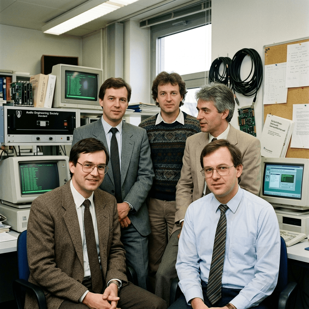 Illustration des Fraunhofer-Entwicklerteams in einem Audiolabor der 1980er mit Röhrenmonitoren.