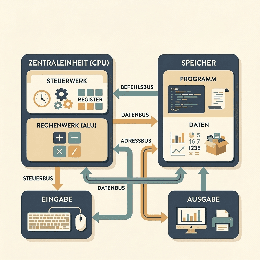 Illustration der Von-Neumann-Architektur mit CPU, Speicher und Ein-/Ausgabe.