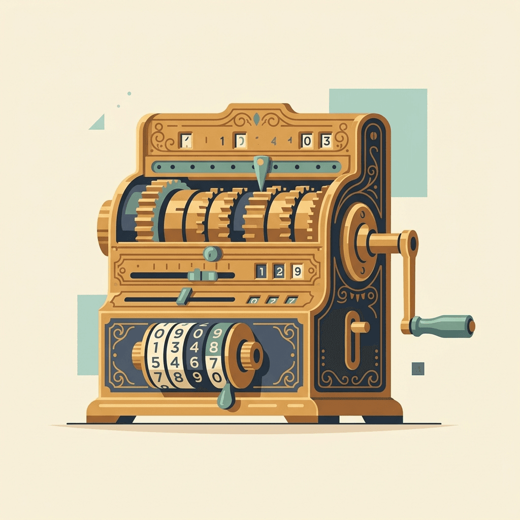 Illustration einer Staffelwalzen-Rechenmaschine aus Messing mit Kurbel.
