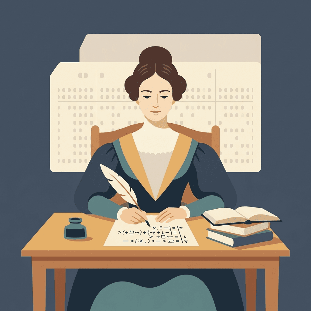 Illustration einer Frau im 19. Jahrhundert, die Zahlenfolgen an einem Schreibtisch notiert.