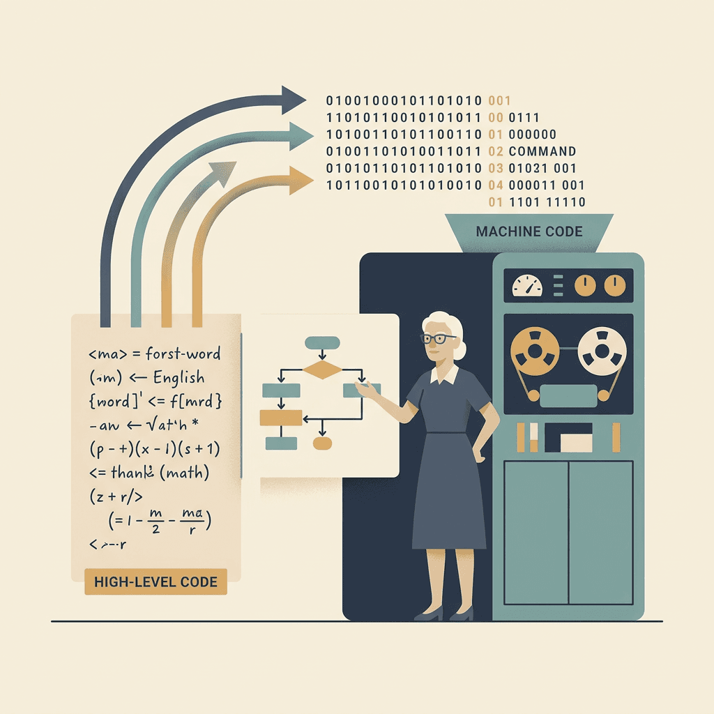 Illustration einer Ingenieurin an einem Großrechner, Pfeile übersetzen Code in Maschinensprache.