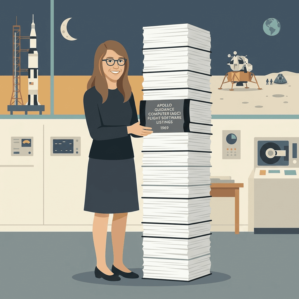 Illustration einer Ingenieurin neben einem mannshohen Stapel Programmausdrucke, Mond im Hintergrund.