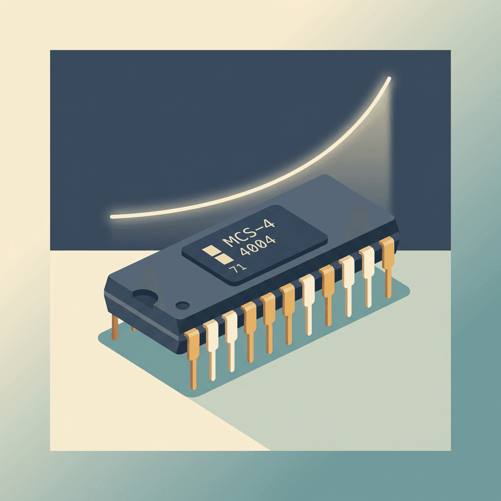 Illustration eines kleinen Mikroprozessor-Chips mit goldenen Pins und Wachstumskurve.