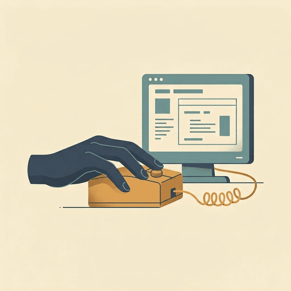 Illustration einer Hand auf der ersten hölzernen Computermaus neben einem Fensterbildschirm.