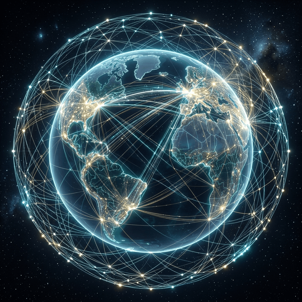 Illustration eines von Knoten umspannten Globus mit einer einfachen Webseite mit Links.
