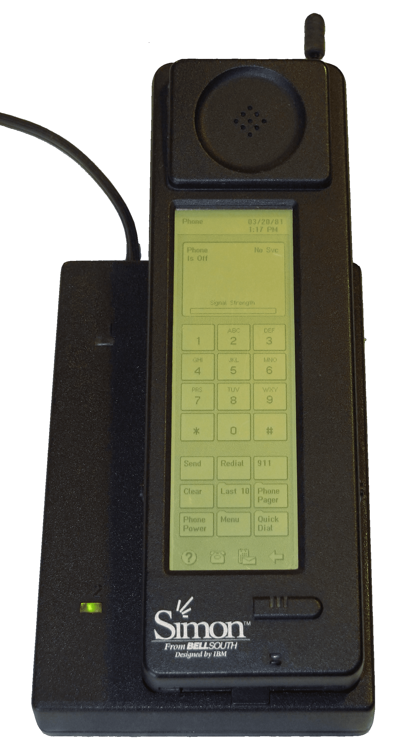 Illustration eines klobigen Touchscreen-Handys der frühen 1990er mit Stift.
