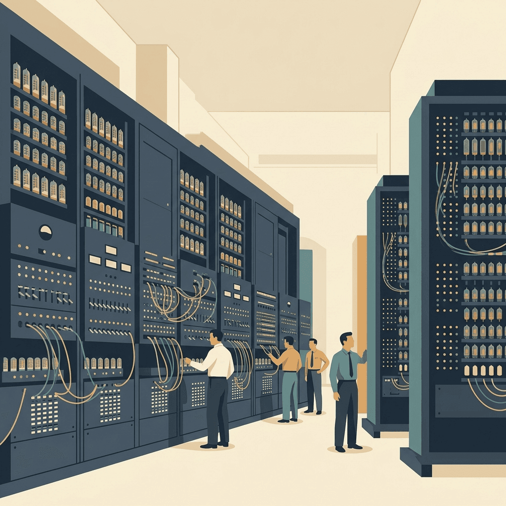 Illustration eines raumgroßen Röhrencomputers mit Elektronenröhren.