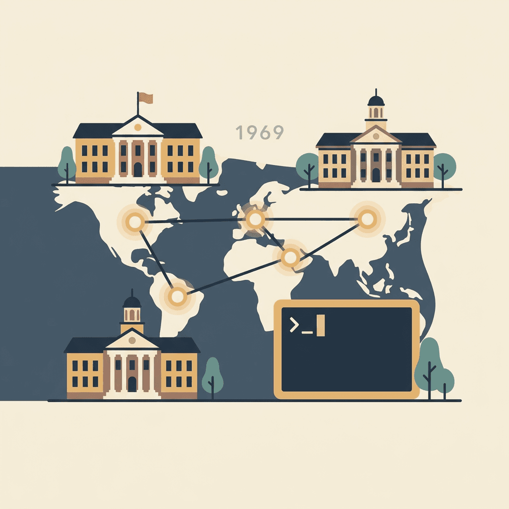 Illustration von vier vernetzten Knoten zwischen Universitätsgebäuden und einem Terminal.