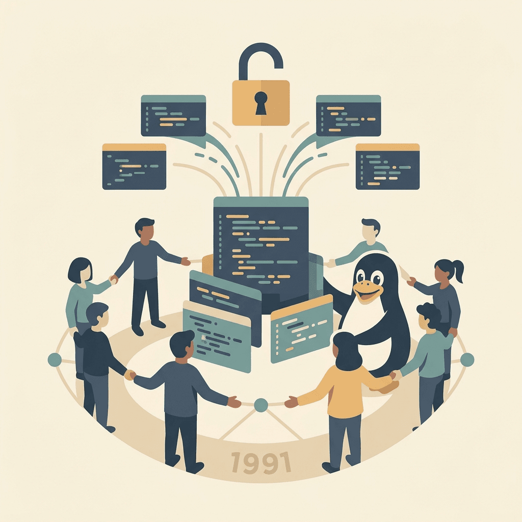 Illustration eines offenen Vorhängeschlosses über frei geteilten Code-Blöcken.