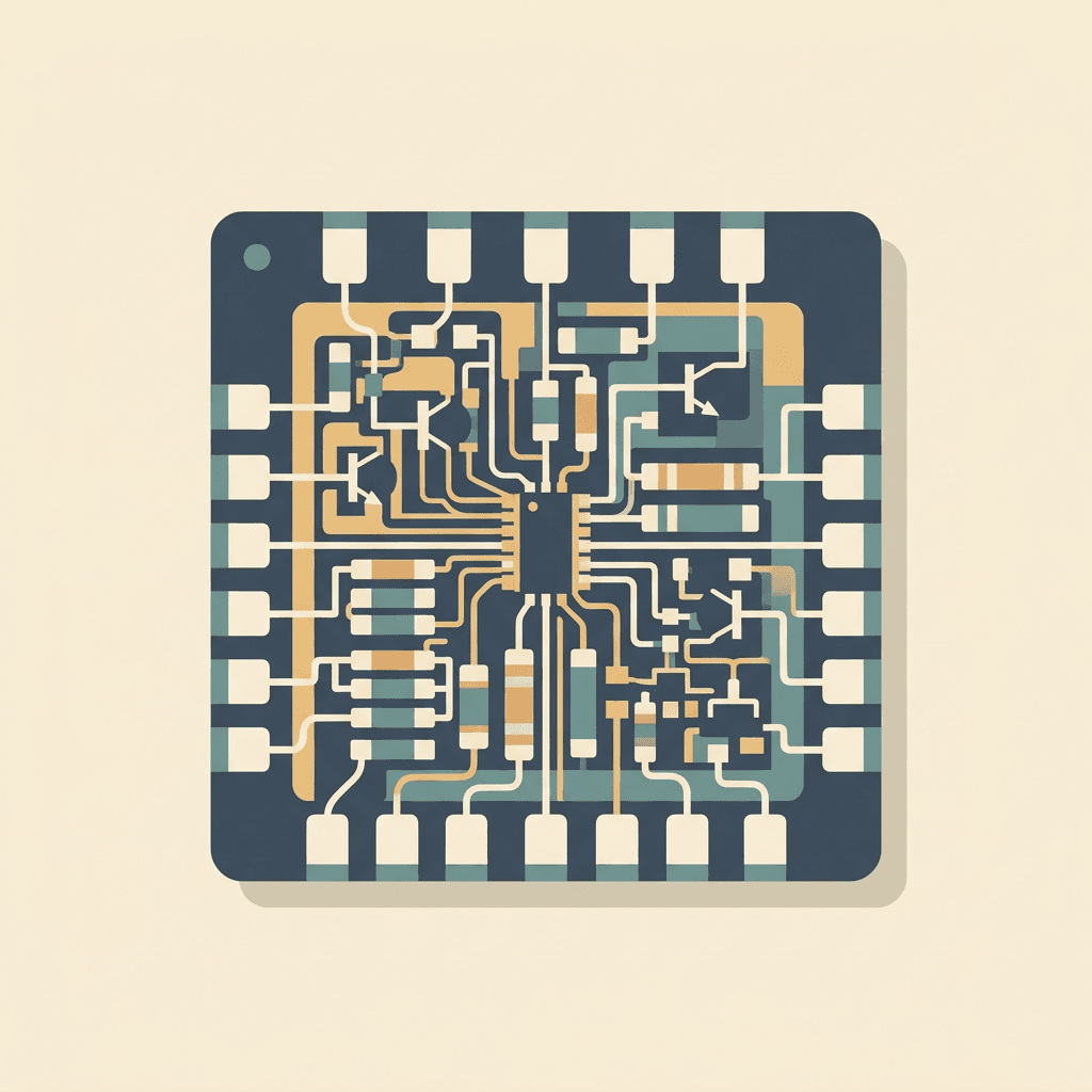 Illustration eines frühen integrierten Schaltkreises mit vielen Bauteilen auf einem Chip.